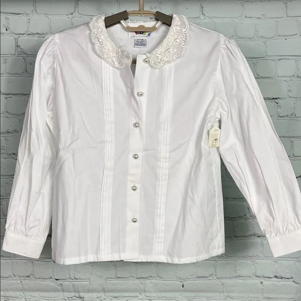 Vintage Eagle’s Eye Kids White Button-Up Cotton Blouse w/ Lace Collar NWT Size S
